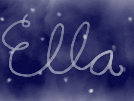 Cursive name "Ella" in white, written against a dark blue night sky with scattered white snowflakes. Magical and calm atmosphere.