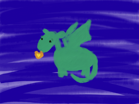 Green dragon with wings blows a yellow heart-shaped flame, set against a textured blue background. The mood is whimsical.