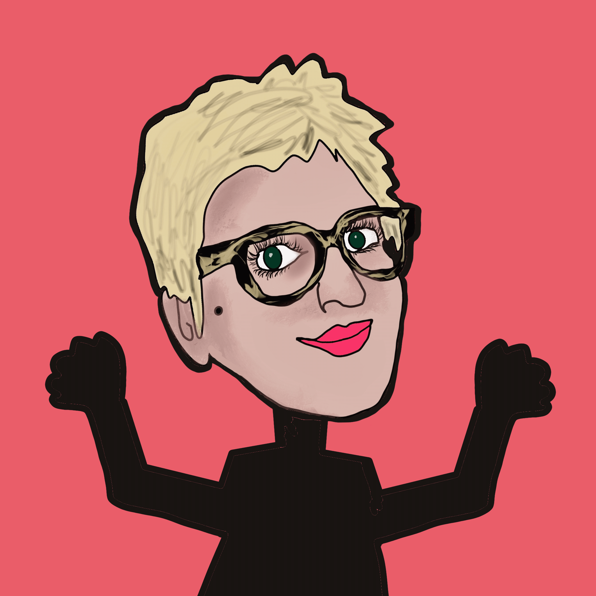 a smiling GIF cartoon image of Cindy Palin. Her arms are in an upward position, moving up and down.