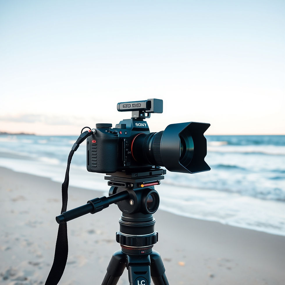 Close-up view of a wedding camera setup on a tripod at a beach