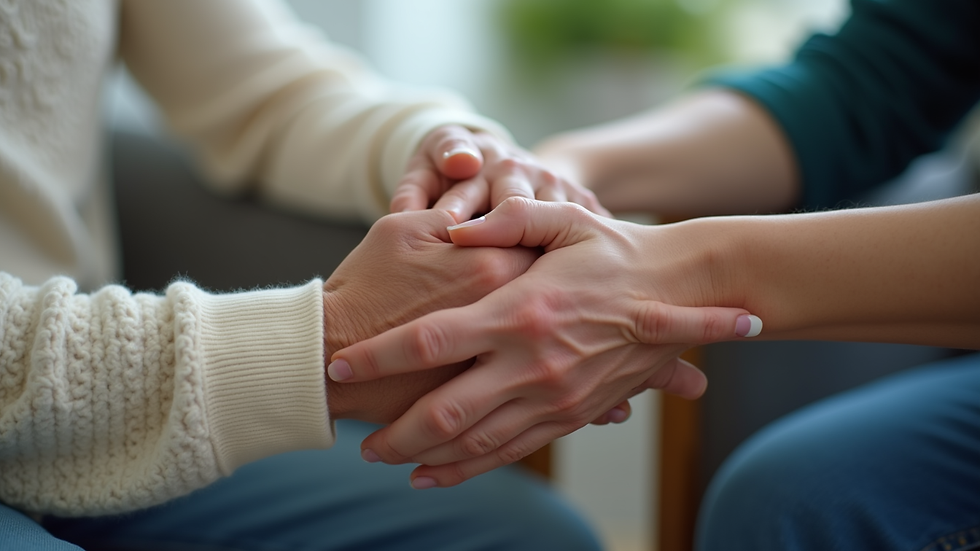 Close-up view of a caregiver’s hand gently holding an elderly person’s hand