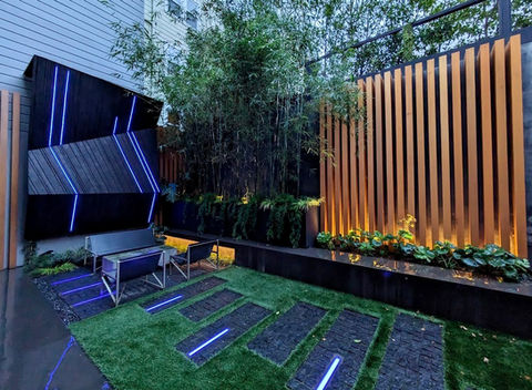 Modern Garden Design, LED Lighting, Shou Sugi Ban, Sculpture Wall, Embedded LED Lights, Custom Garden Art, Box Leaf Design, Rock & Rose Landscapes, San Francisco