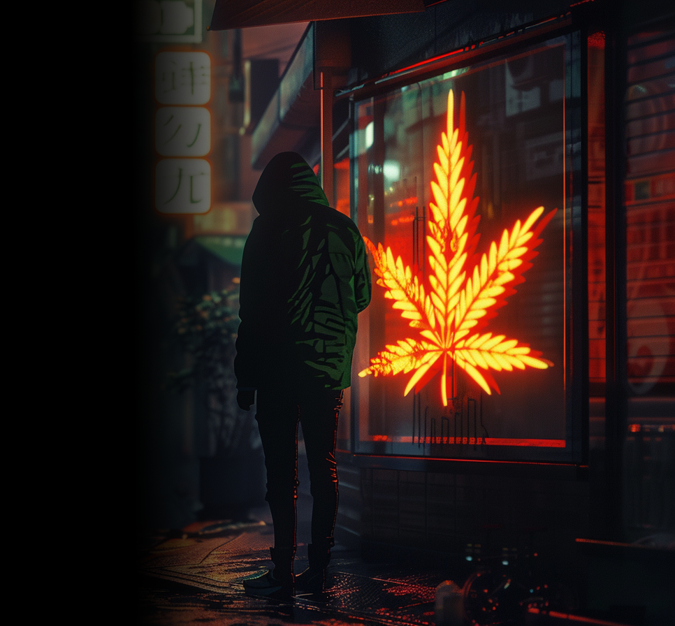 Man standing in a neon-lit urban alley with a dispensary storefront featuring a glowing cannabis leaf sign.