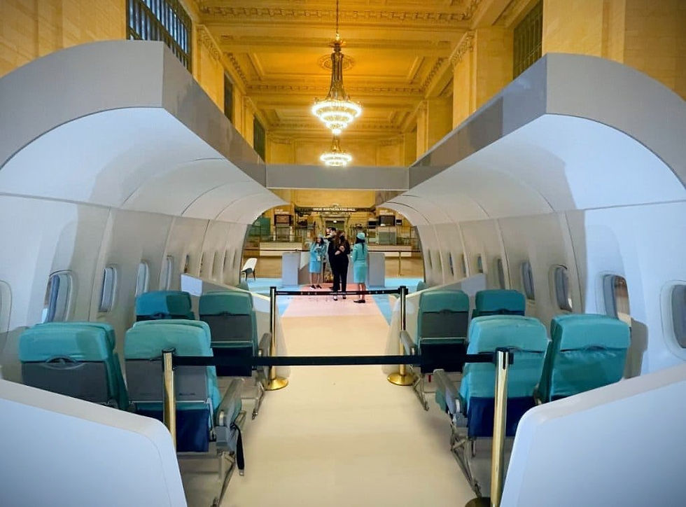 Custom exhibition booth interior designed to resemble an airplane cabin