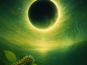 A mystical digital painting of a New Moon in Virgo, featuring a glowing moon above a cosmic sky with subtle astrological symbols. Earthly greens and oceanic blues swirl with light beams, representing healing, transformation, and new beginnings. The scene radiates serenity and celestial energy. 