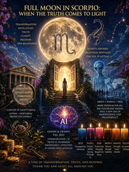 Radiant Full Moon in Scorpio illuminating a mystical doorway with golden light, symbolizing truth revealed, hidden secrets coming to light, and deep transformation.