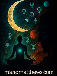 A vibrant digital illustration featuring a golden crescent moon, glowing planets, and turquoise astrological symbols floating in a cosmic sky. A silhouetted figure meditates at the center with a radiant teal heart-chakra light, while a shadowy human face emerges from the right side, symbolizing hidden truths and transformation. The design blends light and shadow to evoke spiritual awakening during the New Moon in Scorpio. “manomatthews.com” appears at the bottom.