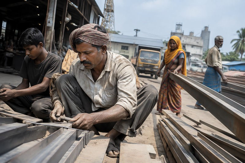 People during a quiet individual task in an industrial edge district, South