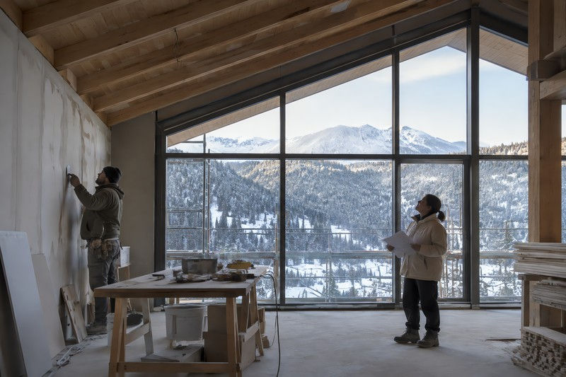 Interiors during maintenance or construction details visible in a mountain