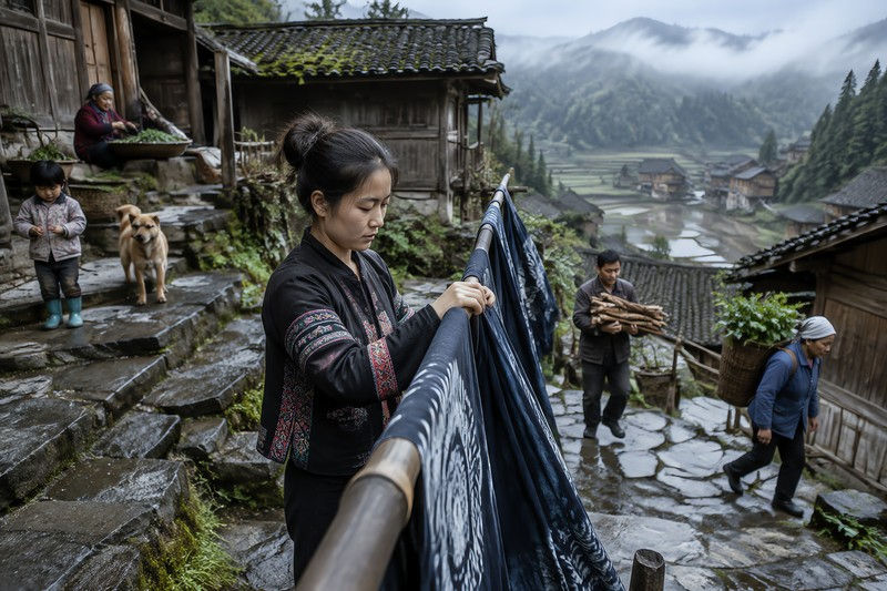 Fashion during a quiet individual task in a rural settlement, East Asia, after