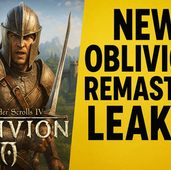 Oblivion Remastered promotional image featuring a knight in armor with a sword, the Elder Scrolls IV Oblivion logo, and bold text 'NEW OBLIVION REMASTER LEAKS!' on a yellow background