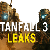 Two heavily armored characters from the Titanfall universe—a towering Titan mech with a glowing blue eye and a futuristic soldier with a glowing helmet visor—stand side by side in a dusty battlefield. Bold text reads “TITANFALL 3 LEAKS” with "LEAKS" highlighted in yellow.