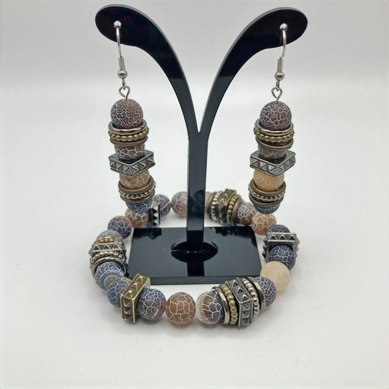 Thumbnail: Frosted Weathered Agate Gemstone Bracelet & Earring Set Featuring Metal Beads