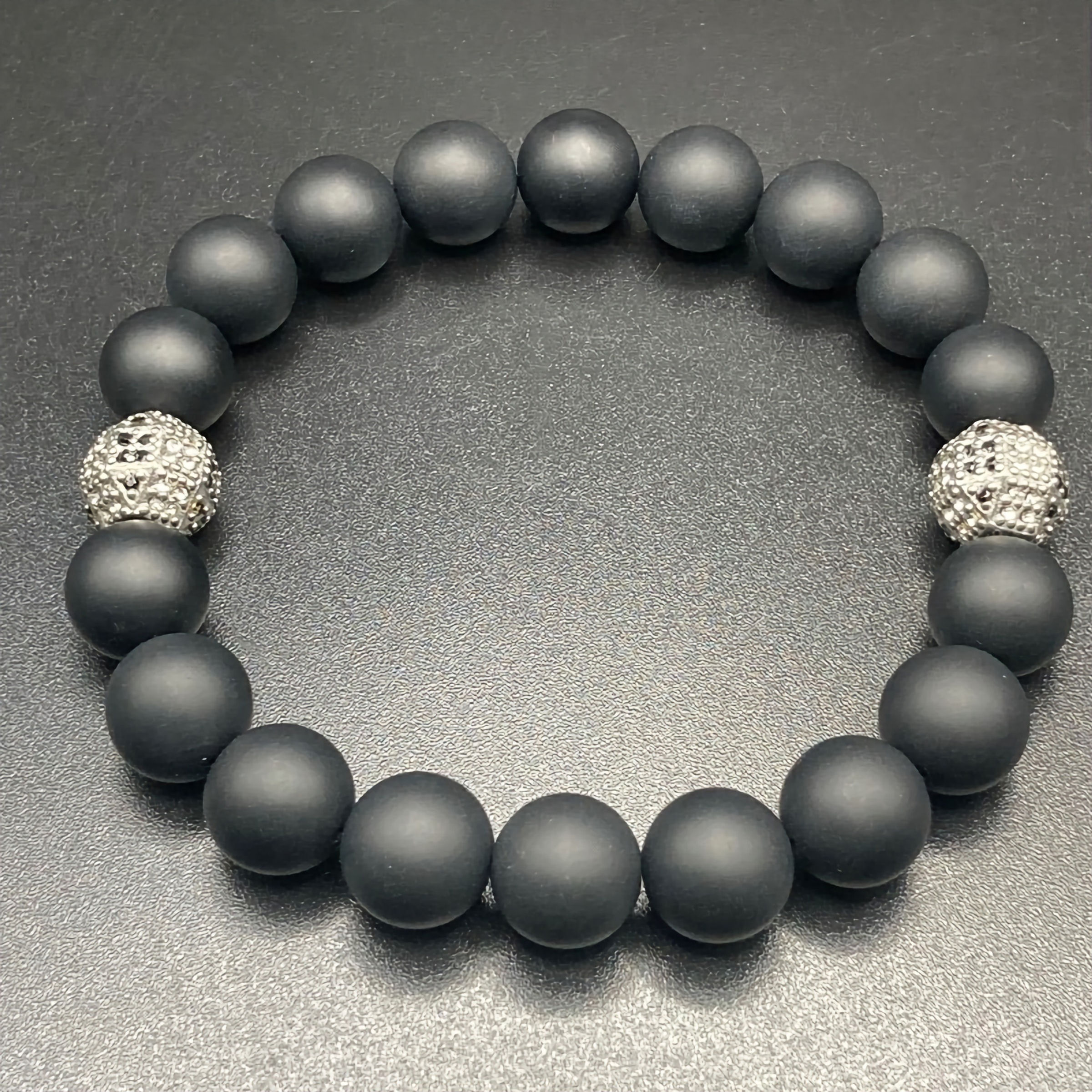 Matte black onyx gemstone bracelet with rhinestone beads full view