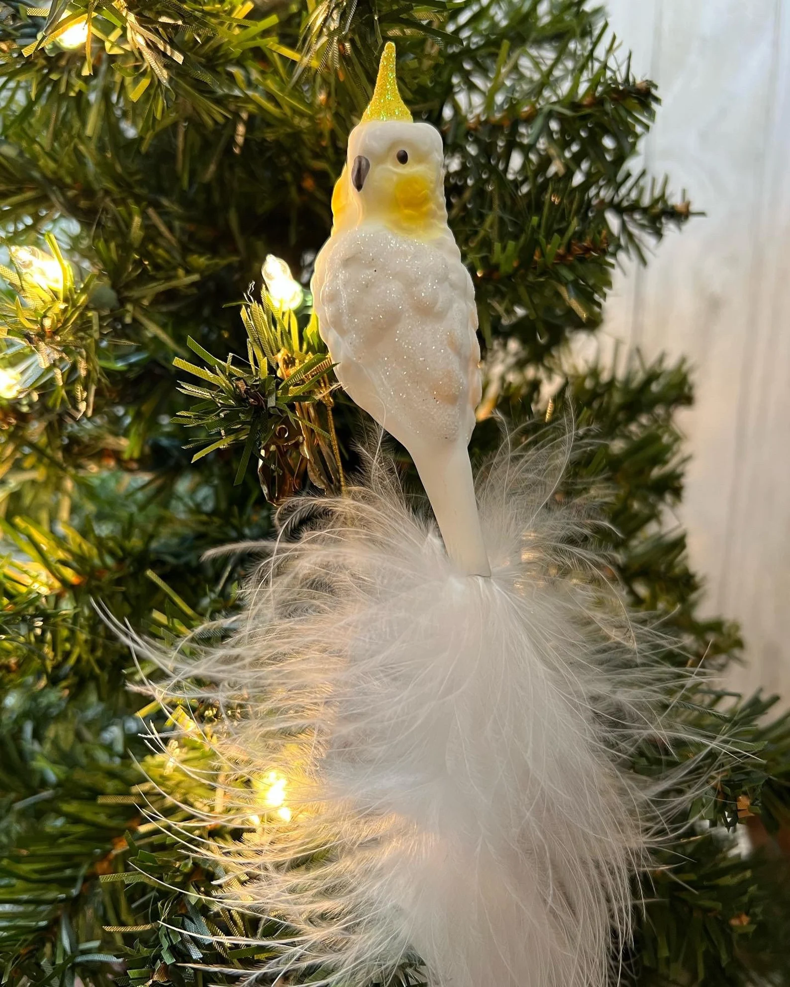 Beautiful Yellow & White Cockatoo Clip on Glass Bird