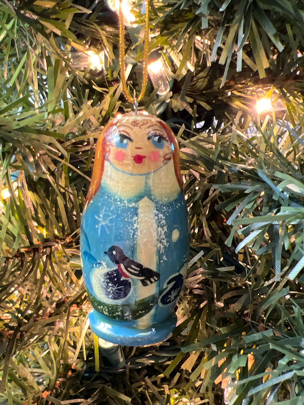Russian Matryoshka Folk Art Blue Eyed Angel with Bird Wooden Ornament