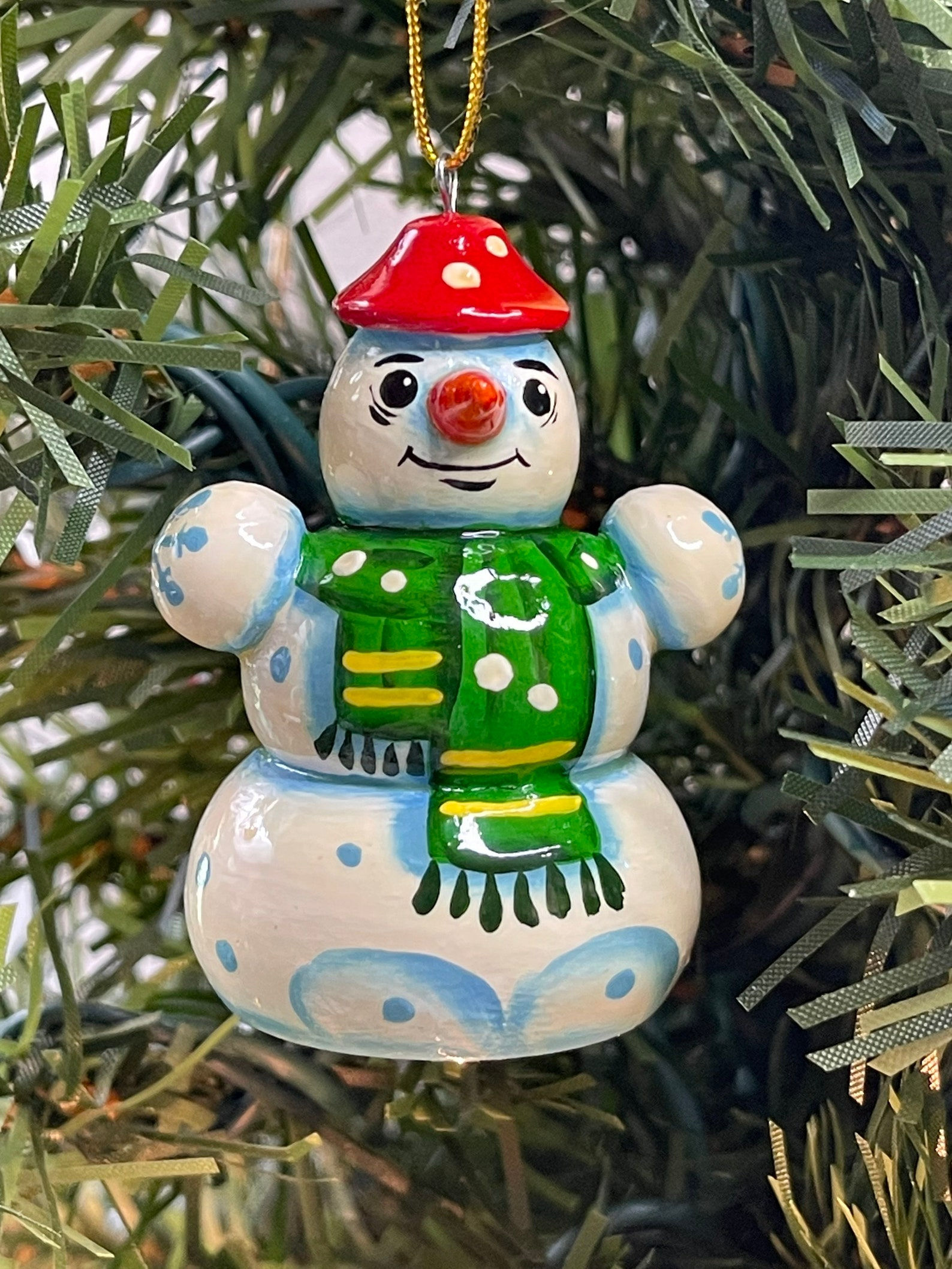 Snowman with Green Scarf Wood Ornament (Russian)