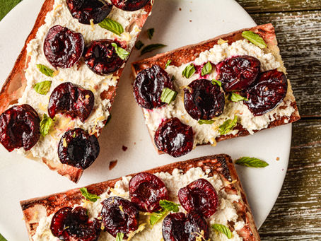 Bruschetta with Roasted Cherries, Ricotta and Mint