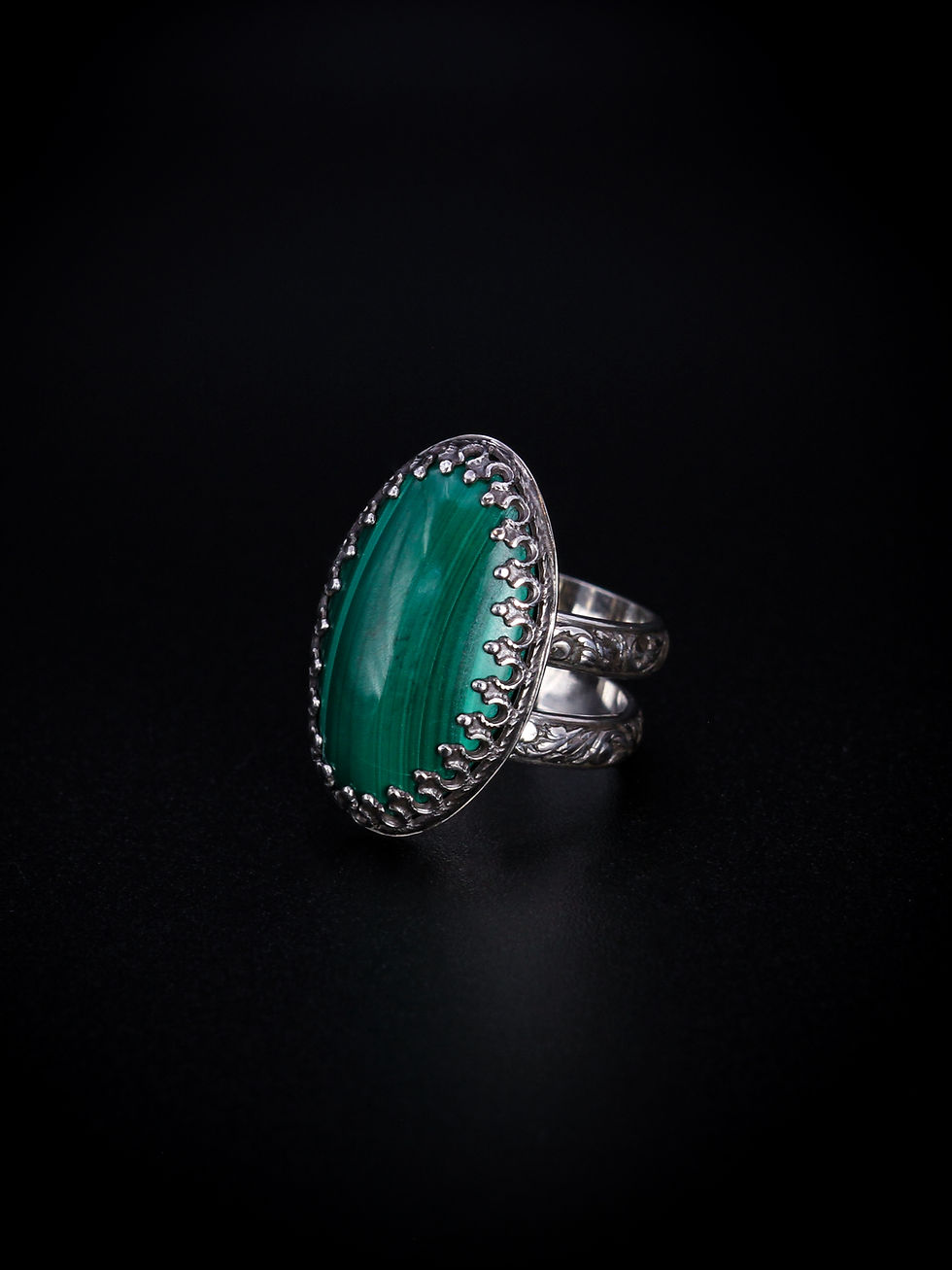 Green Malachite stone set in sterling silver detailed double band ring