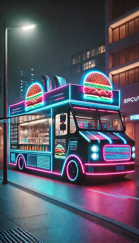 DALL·E 2025-03-26 10.26.39 - A modern hamburger food truck at night with vibrant neon and