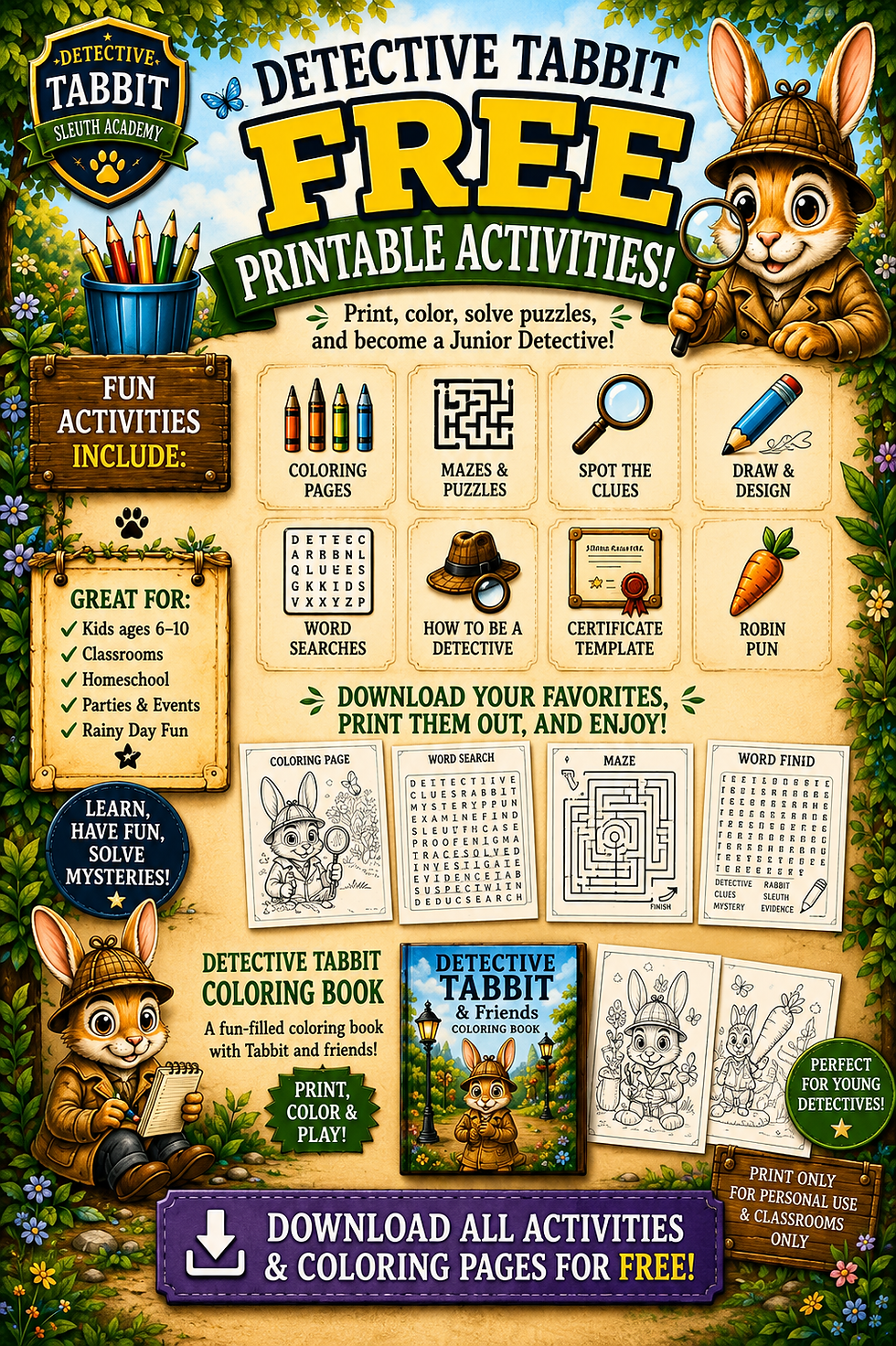 Free Detective Tabbit the Rabbit printable activity pack for kids ages 6-10