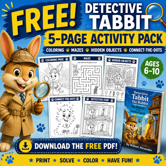 Free Detective Tabbit children's mystery activity pack for kids ages 6-10