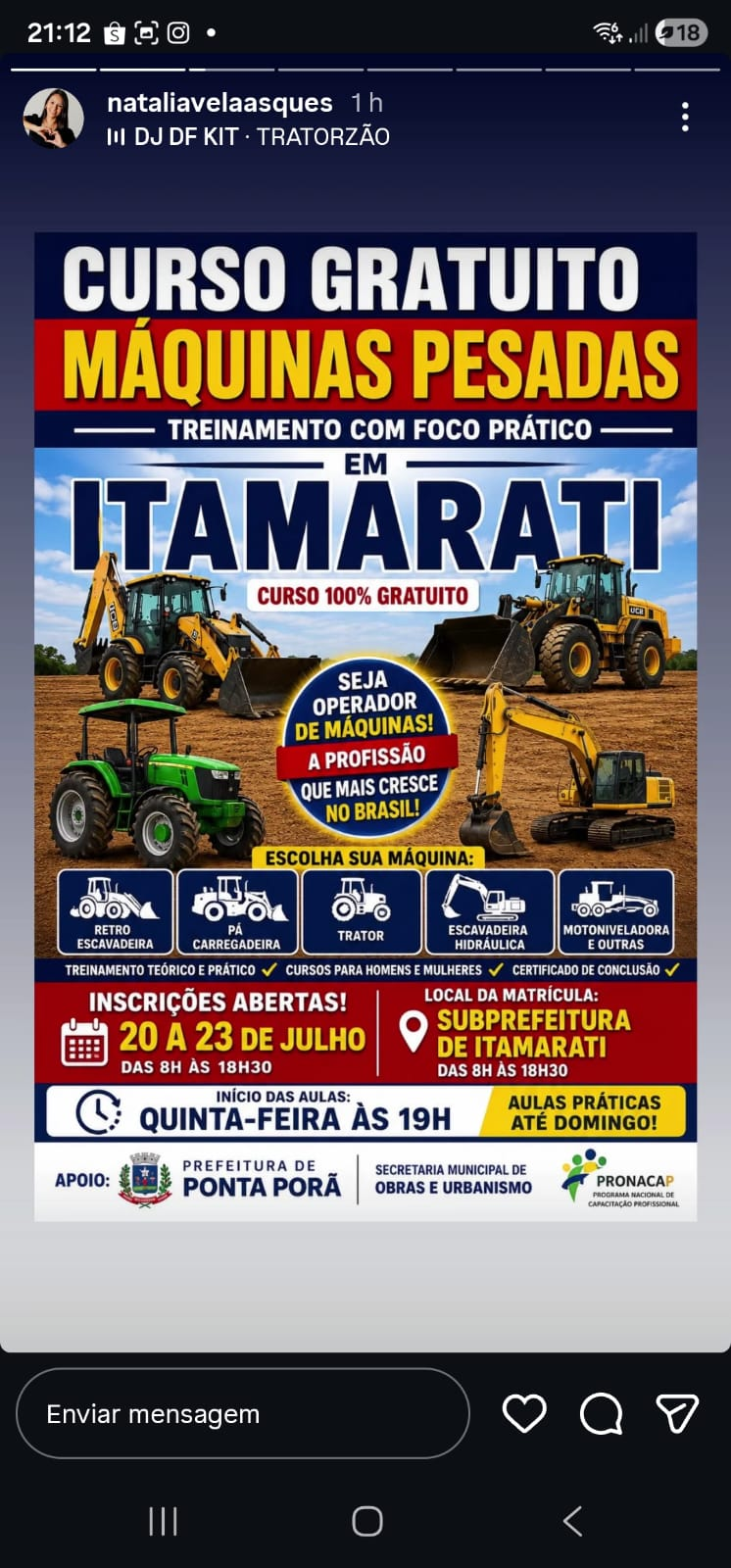 PRONACAP ABRE INSCRIÇÕES PARA CURSO GRATUITO DE OPERAÇÃO DE MÁQUINAS PESADAS EM NOVA ITAMARATI