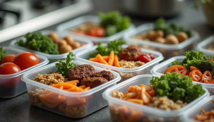 High angle view of a kitchen counter with pre-portioned healthy meals in containers