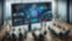 AI-generated image of a huge monitor that takes the whole room at a fancy company, while people stand in front of these gigantic insights and discuss them. Bunch of other people are seated on separate meeting tables and have their own conversations.