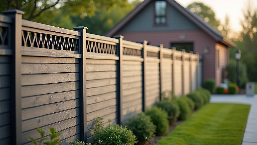 Close-up view of a modern composite privacy fence with decorative lattice top
