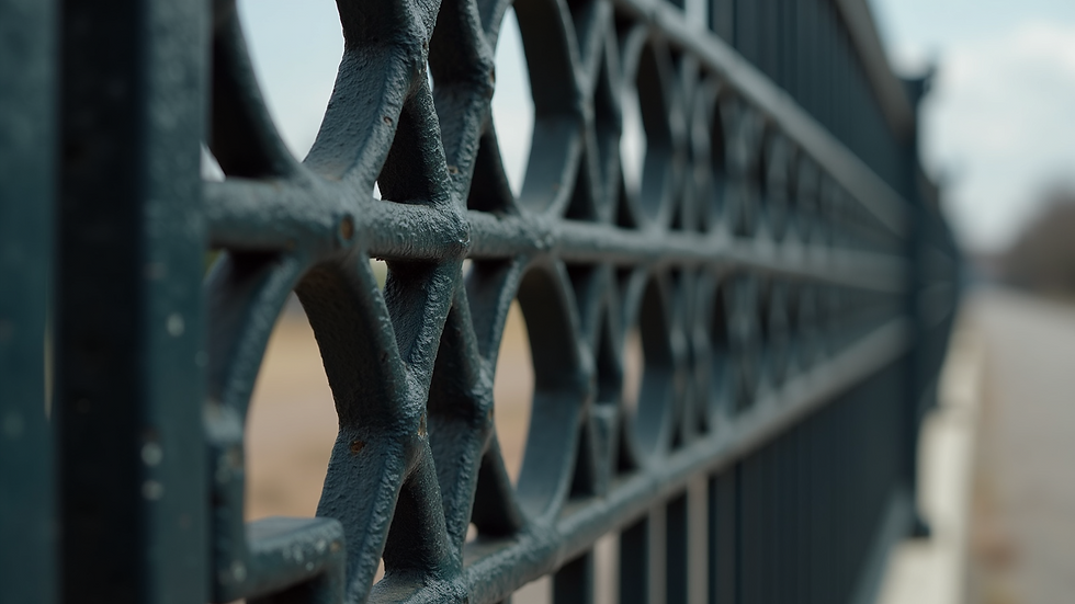 Close-up view of decorative metal fence panels with geometric patterns