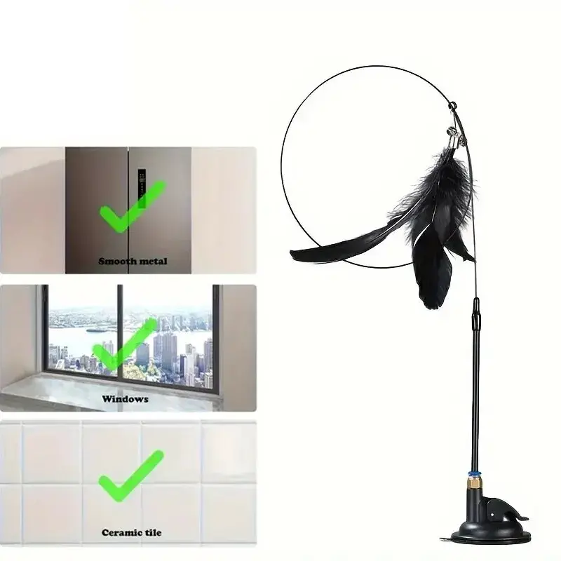 Thumbnail: Cat Teaser Toy - Interactive Bell & Feather Wand - Long Suction Cup Pole for Exc