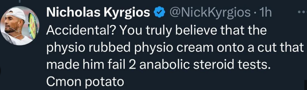 Nick Kygrios tweeting his opinion on Sinner controversy