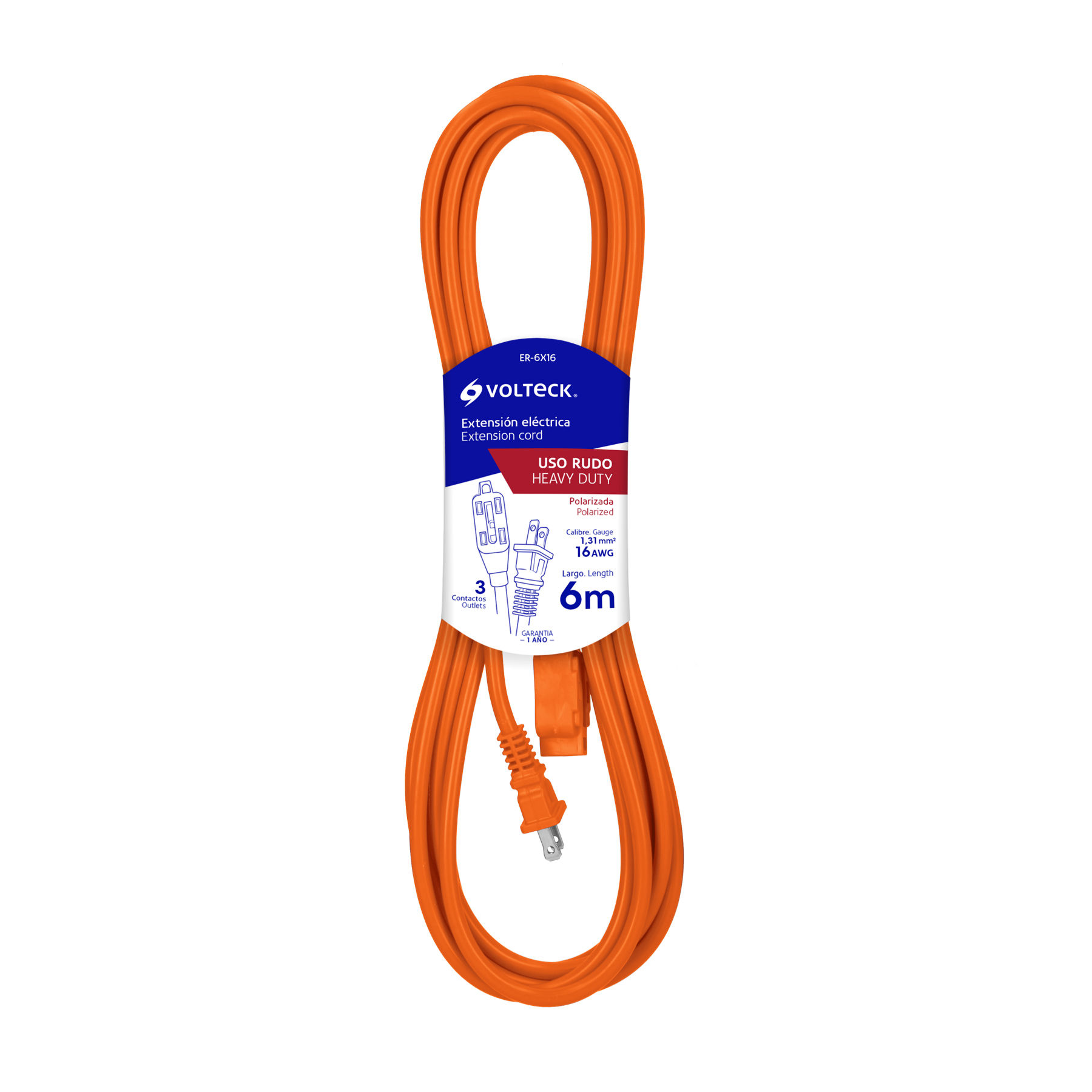 Extensión Eléctrica Uso Rudo, 6 M, Calibre 16, Volteck