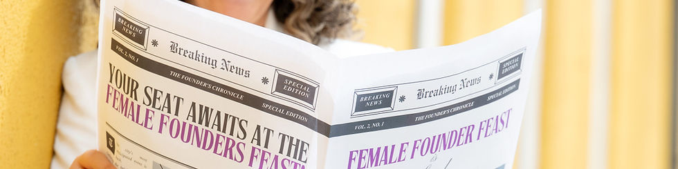 Authentic Gazzy holds a newspaper with 'Female Founders Feast' as the headline infront of a yellow wall