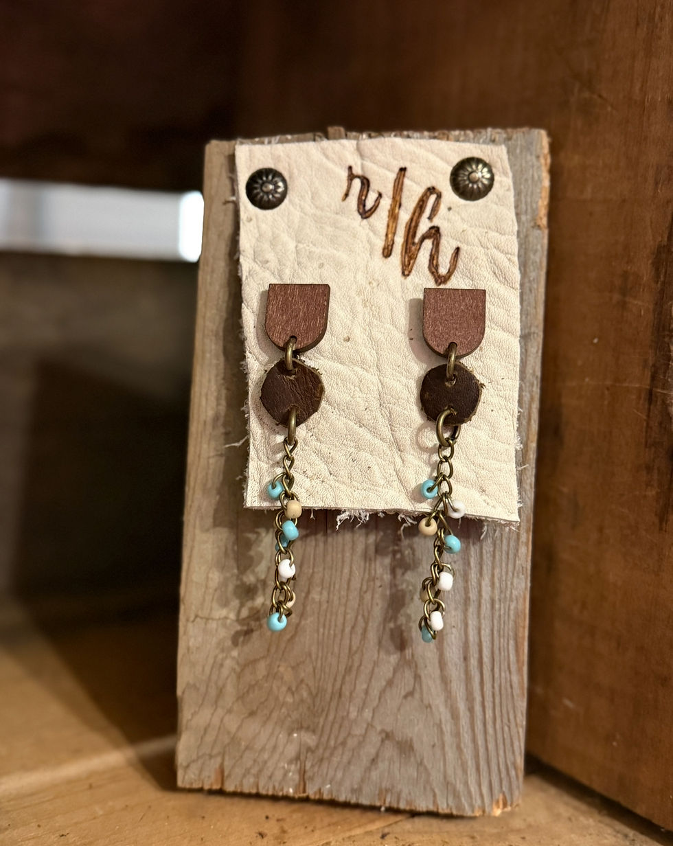 Leather, Wood and Bronze Chain Accent Earrings