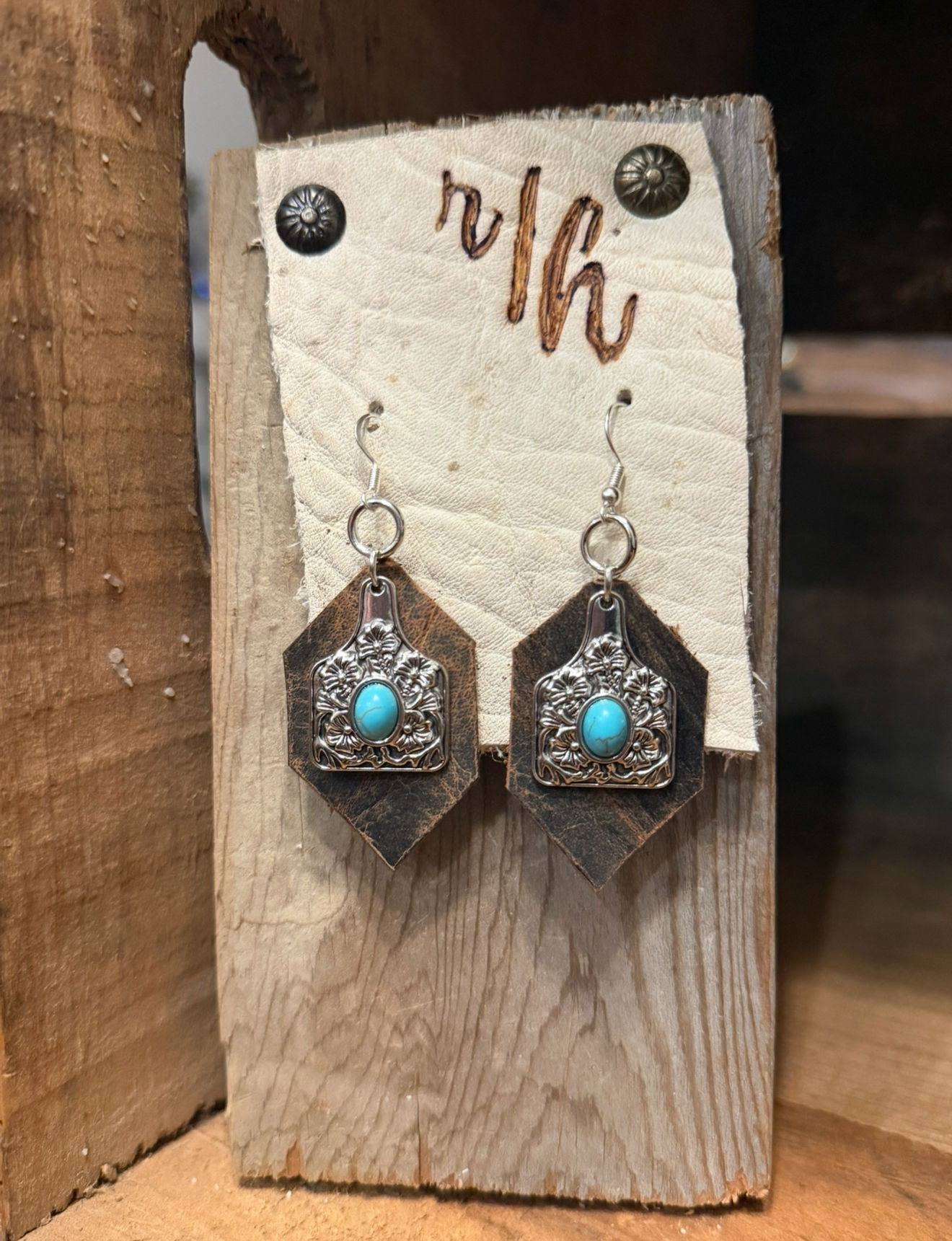 Brown Leather with Silver and Turquoise Cow Tags