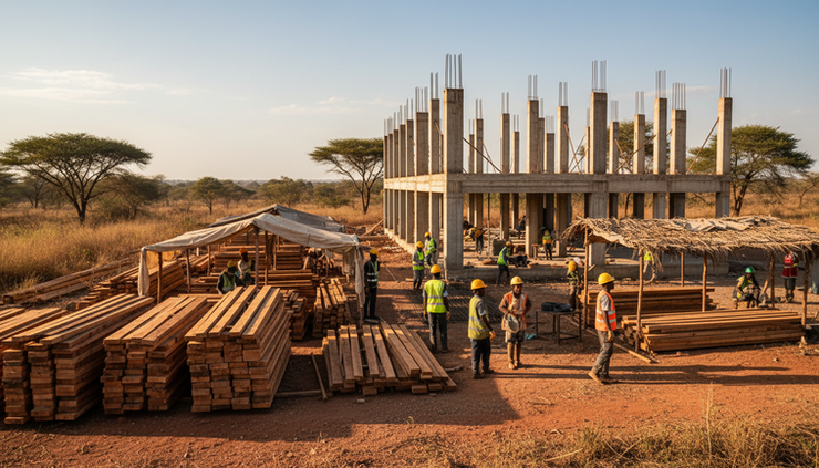 Wide-angle view of a sustainable construction site with timber formwork and shaded work areas