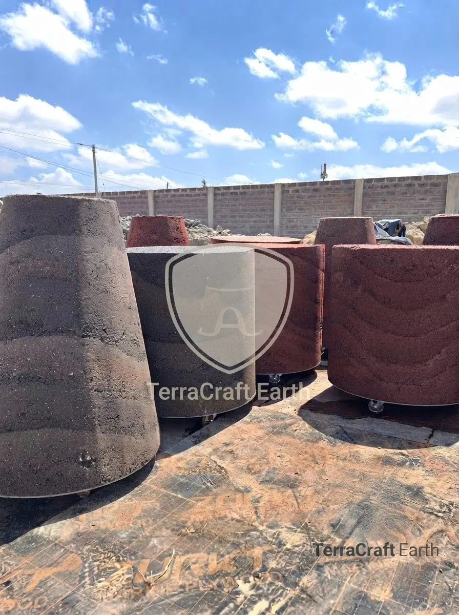 Outdoor photography of several large, textured planters made from earthy materials. Arranged in an outdoor display or workshop area under a partly cloudy sky.