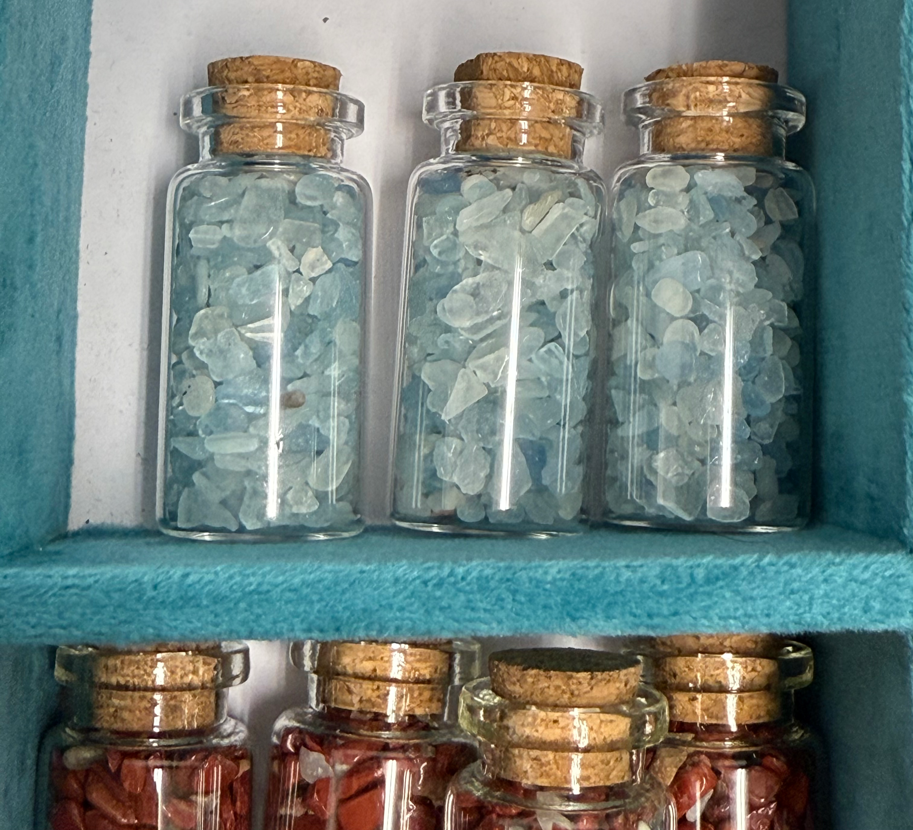 Aquamarine crystal chip bottles 