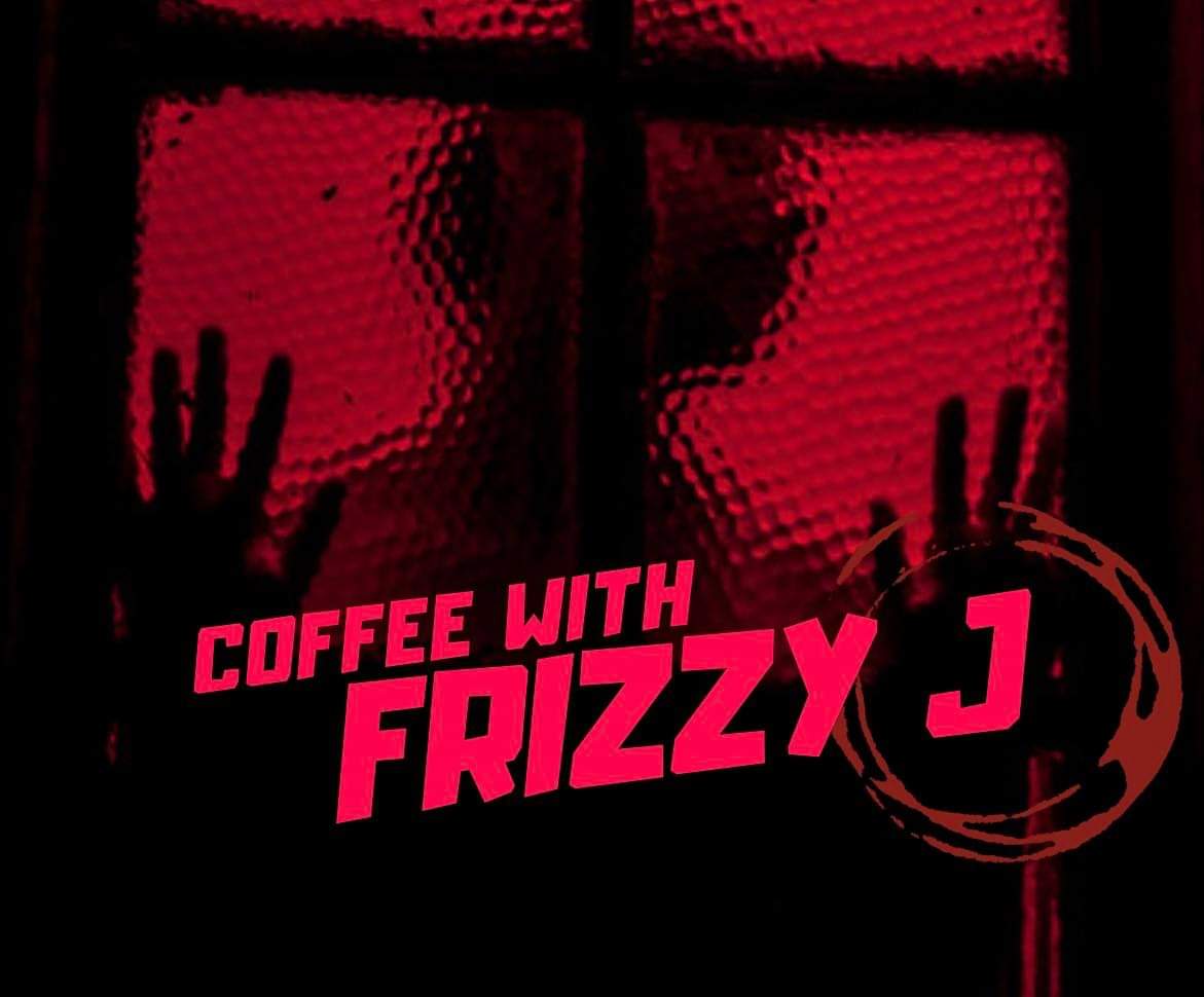 Coffee with Frizzy J Logo in red over a privacy glass window with a person's silhouette against it, hands up.