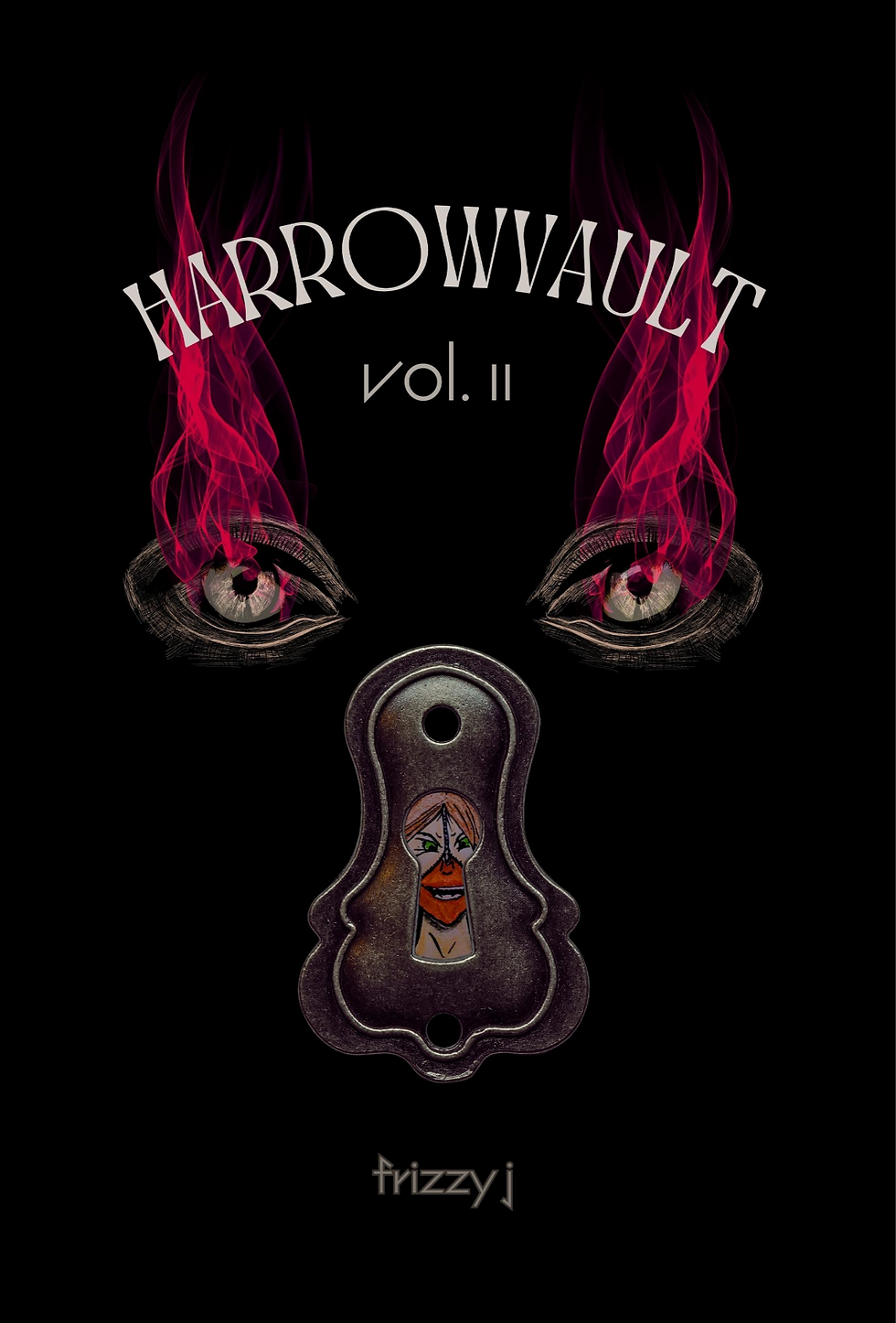 Book cover for Harrowvault Volume 2 by Frizzy J. Image is a pair os sflaming stone eyes over a keyhole featuring a terrifying monster lady within, set on a black background.