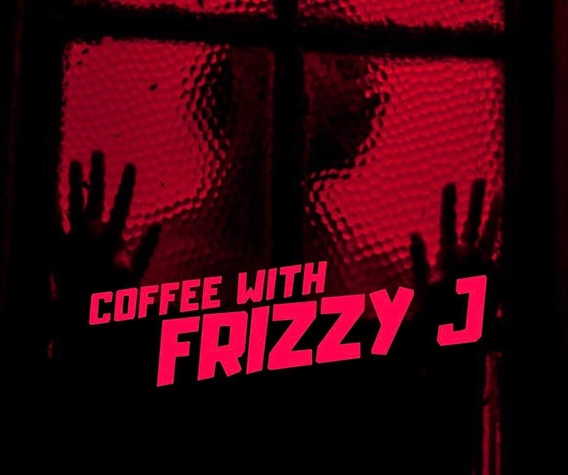 Coffee with Frizzy J Logo in red over a privacy glass window with a person's silhouette against it, hands up.