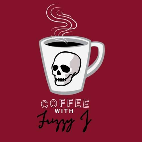 Coffee with Frizzy J Logo on a red background with a steaming cartoony mug on top.  The mug is white with a skull on it.