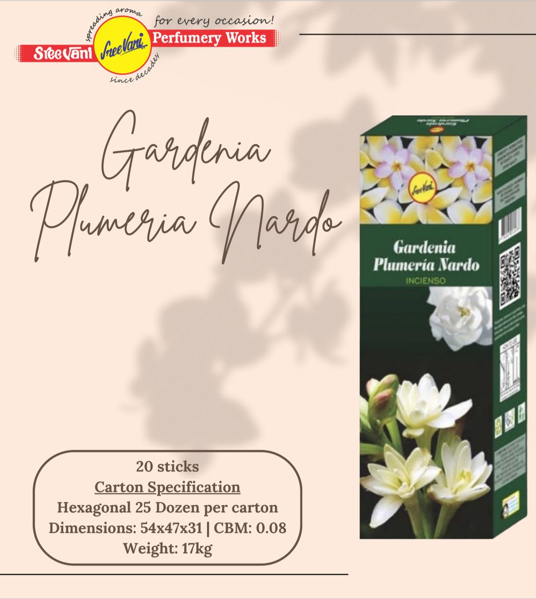 sreevani hexagon çubuk tütsü gardenia plumeria nardo