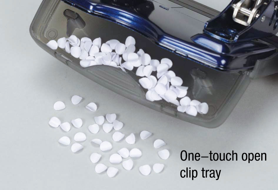 Thumbnail: One-touch open clip tray with a pile of white punched paper inside and outside the tray