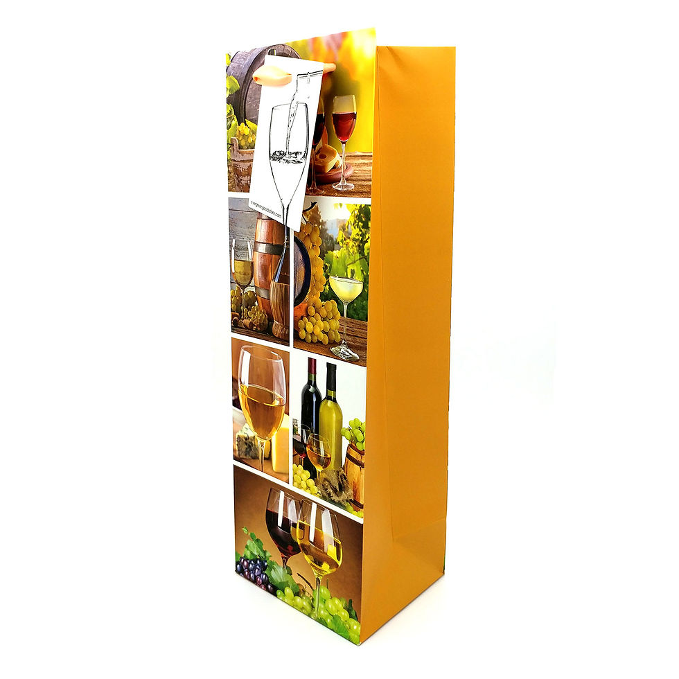 Thumbnail: Orange colored wine-themed gift bag featuring images of wine glasses, bottles, grapes and festive toasting occasions