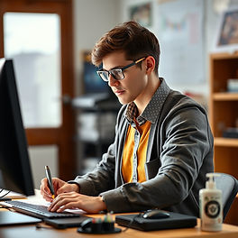 Realistic image of an educator working on a computer. Make the image bright and easy to see..jpg