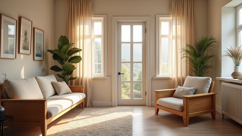 Eye-level view of a cozy therapy room with comfortable seating and calming decor