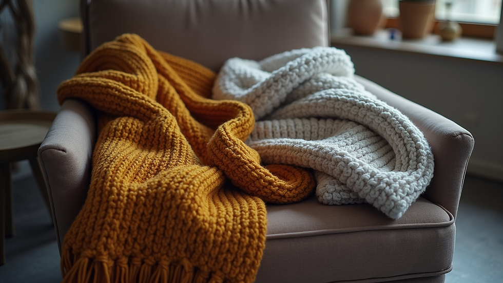 Close-up view of warm winter clothing laid out on a chair